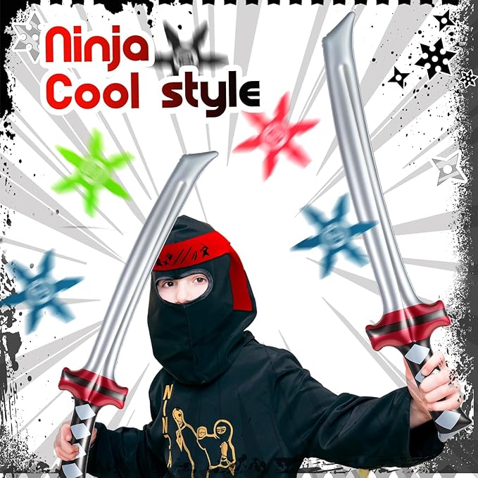 Deekin 48 Pcs Ninja Karate Party Favors Include Inflatable Sword Throwing Foam Star Toys Karate Headband for Ninja Theme Party Decoration Supplies Goodie Bag Filler Gift Costume Accessories