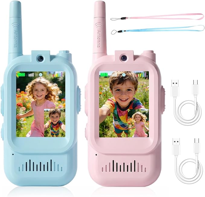 Kids Video Walkie Talkie Set, Handheld Rechargeable Video Walkie-Talkie Toy, 1000-Foot Communication Range, Fun Toy for Indoor/Outdoor Play, Camping, Hiking, Travel for Children Ages 3-12 (Blue/Pink)