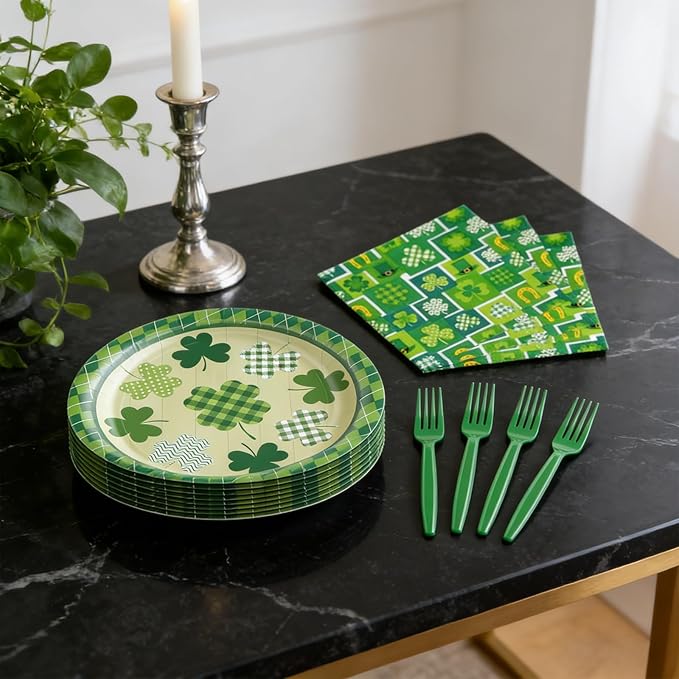 St. Patrick’s Day Tableware Set, 96 Pcs Lucky Green Shamrock Disposable Dinnerware with Paper Plates, Napkins, and Forks for St Patrick Day, Irish Party Supplies- Serves 24