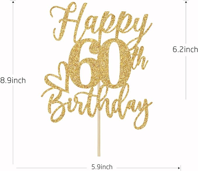 Happy 60th Birthday Cake Topper, 60th Birthday Cake Decorations for Men/Women, Cheers to 60 Years, Hello 60, 60th Happy Birthday Party Supplies Gold Glitter