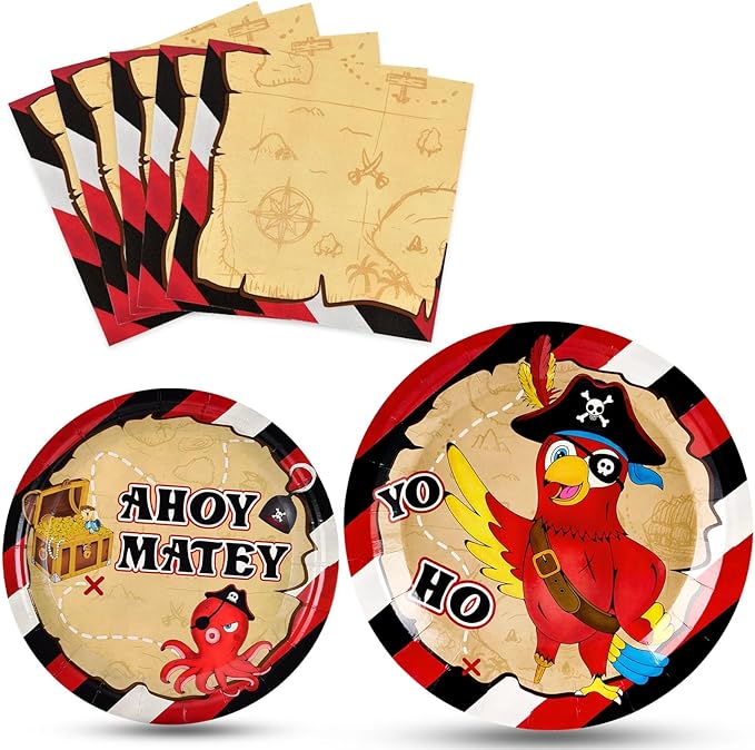 WERNNSAI Pirate Party Plates and Napkins - Pirate Birthday Party Supplies Bundles for Boys Kids Disposable Luncheon Dinner Dessert Cake Plates Napkins Tableware Set Serves 16 Guests 48 Pieces