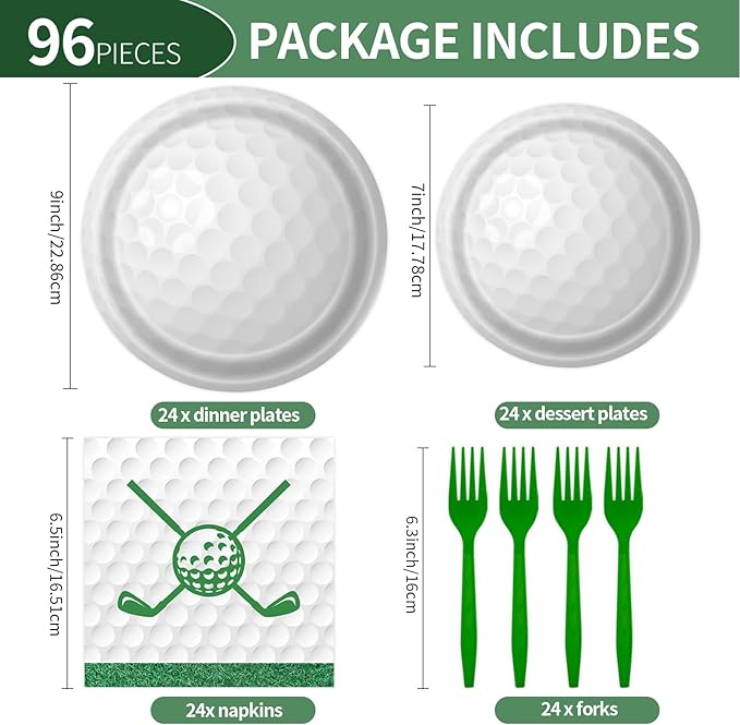 96 Pcs Golf Plates and Napkins Party Supplies, Golf Ball Birthday Paper Plates Napkins and Forks Disposable Tableware Set for Sports Theme Party Decorations Serves 24 (Golf)