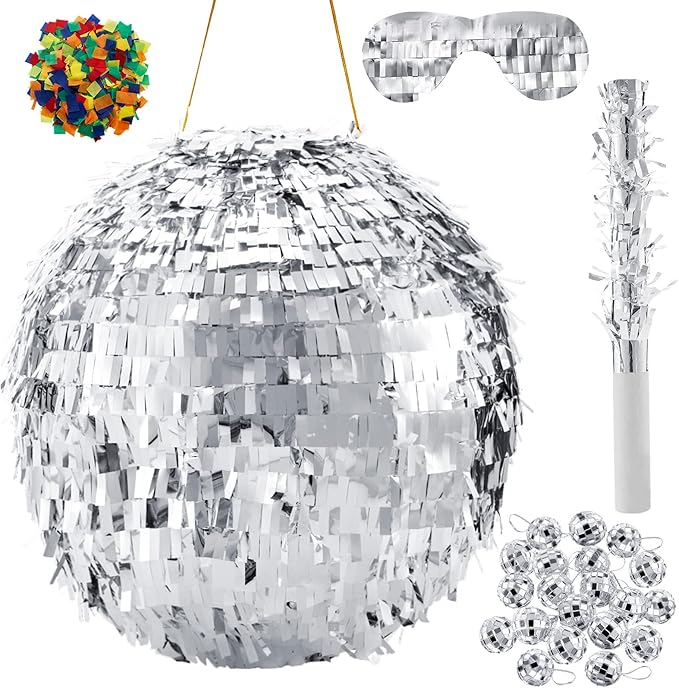 Lewtemi 11.8 Inch Silver Disco Ball Piñata with 1 Piñata Bat 1 Blindfold 1 Bag of Confetti and 20 Small Mirror Balls for Disco Themed Birthday Wedding Party Supplies