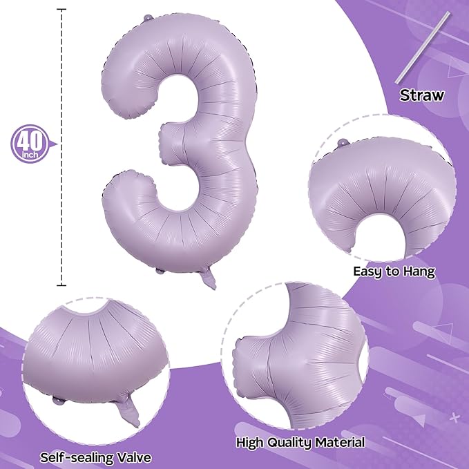 Large Dusty Pastel Purple 3 Balloons, 40 Inch Giant Light Purple Helium Mylar Foil Globos Numero for Girls, Self Inflating 3rd Birthday Balloon for Women Three Anniversary Party Decorations Supplies