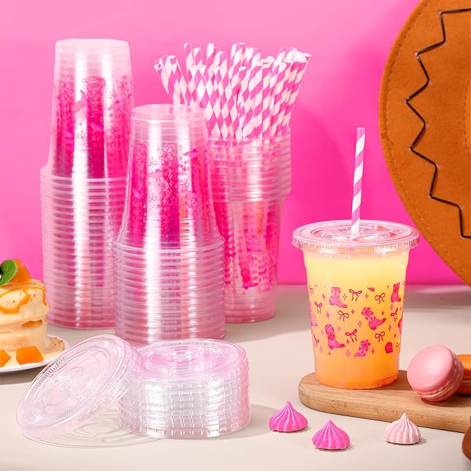 Yungyan 50 Sets Pink Cowgirl Plastic Cups with Lids and Straws 16 oz Disco Cowgirl Coffee Juice Drinking Cups for Western Party Decoration Wedding Birthday Bachelorette Party Supplies