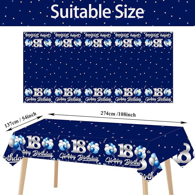 3 Pack Blue Silver 18th Birthday Tablecloth Decorations for Boy, Navy Blue Happy 18 Table Cover Party Supplies, Eighteen Years Old Birthday Disposable Rectangular Table Cloths