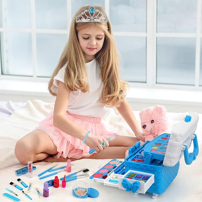 Teensymic Girls 60PCS Real Washable Makeup Kit, Princess Makeup Vanities with Accessories for Girls Age 3-12