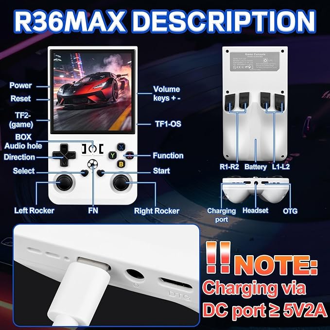 R36MAX Handheld Game Console - 4.0-Inch Screen, Support 22000+Classic Games,128G TF Card,Portable Console with Open Source System,4000mAh Battery,Birthday Gift for Adult or Partner - White