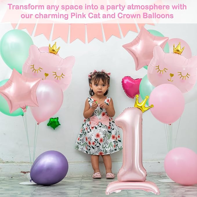 Pink Cat Balloon Set,1 Year Old Girl Birthday Party Decoration, Crown Cat Foil Balloon, Cat Theme Decoration, Theme Party Supplies for Girls Kitten (1)