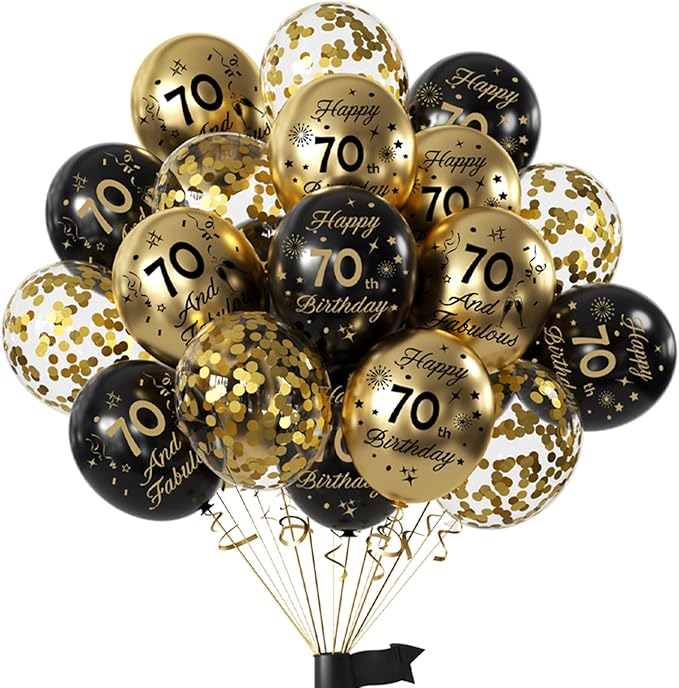 Black Gold 70th Birthday Balloons Pack of 15 Men Women Happy 70th Birthday Party Deocorations Supplies Men Women Happy 70th Birthday Ballloons Latex Confetti Balloons 12inch & Ribbon