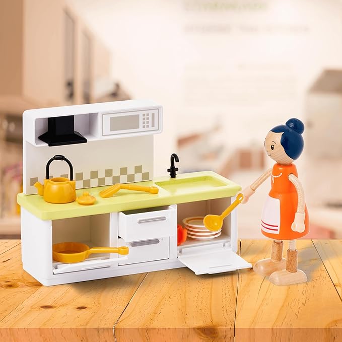 Giant bean 37pcs Green Wooden Plastic Dollhouse Furniture Kitchen and Bathroom Set, Modern Wood Dollhouse Accessories Pretend Play Furniture Christmas Toys for Boys Girls Toddlers & Kids 3+