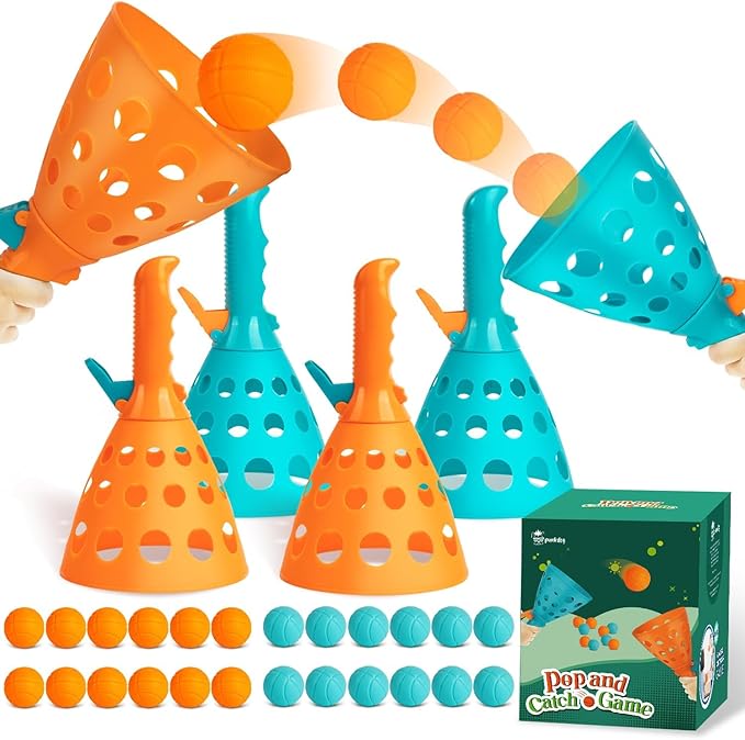 punkdog Pop and Catch Ball Game with 24 Balls and 4 Catch Launcher Baskets - Outdoor Indoor Game Activities, Christmas Beach Sport Summer Beach Toys for Kids Ages 4 5 6 7 8 10 12+