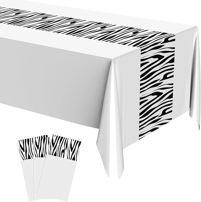 Buryeah 3 Pcs Zebra Tablecloth Zebra Print Plastic Table Cloth Disposable Tablecloth Animal Safari Table Cover 54 x 108'' for Baby Shower Wedding Birthday Party Decorations Supplies (White)