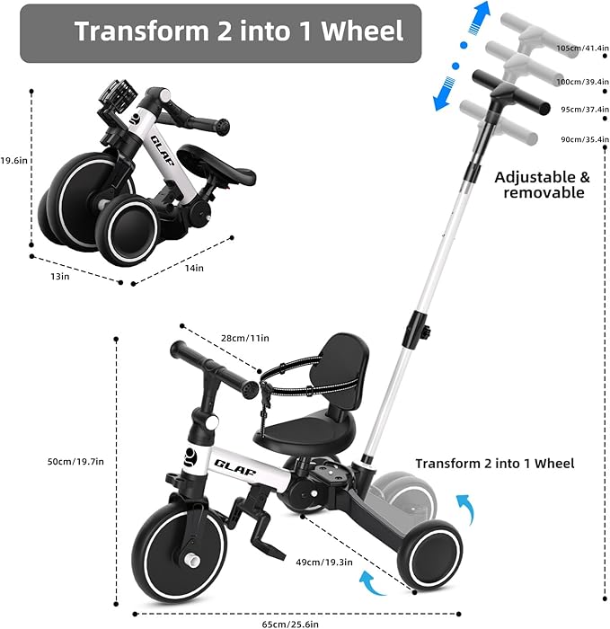 Glaf Tricycle for Toddlers 1-3 Toddler Bike with Push Handle 2-4 Years Baby Bike Toys for 2 Years Boys and Girls Balance Bike with Adjustable Seat Height and Backrest Birthday Gift (White)