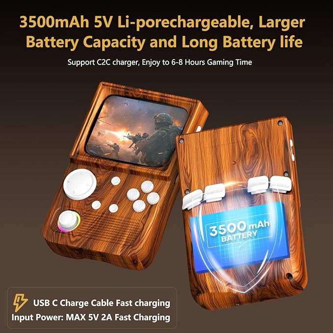 R36T Retro Gaming Console, 3.5'' IPS Screen, Open Source System Support WI-FI Download Multiple Emulator, WiFi Networked Fighting, Portable Gaming Player for Travel with Portable Case(Wood Brown)