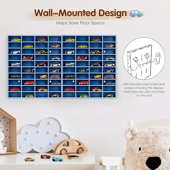 2 Pack Toy Car Display Shelf, Holds 80 Diecast 1/64 Toy Cars, Wall Mount Model Car Storage Organize Case, Blue