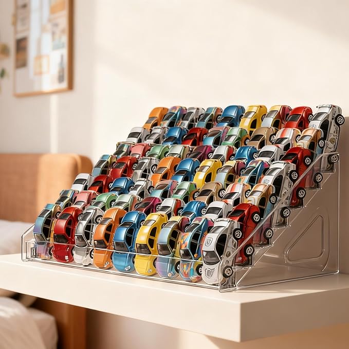 4 Pack 7-Tier Toy Cars Display Shelf for Hot Wheels Display Case Storage Organizer for 1/64 Scale Toy Cars-Hold 63 Toy Cars Clear Model Car Case Holder Container Shelf (Only case)