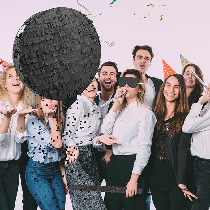 Black Round Pinata with Stick Blindfold and Confetti DIY Blank Pinata for Adults Kids Birthday Party Supplies Christmas Carnivals Decorations