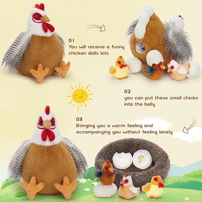 8Pcs Easter Chicken Stuffed Animal, Stuffed White Hen with Little Baby Chicks and Coop, Plush Toys for Kids, Hit of Christmas Farm Party