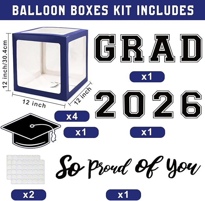 Navy Blue Graduation Decorations Class of 2026 - Balloons Boxes with Letters 2026 GRAD So Proud of You - Complete Party Supplies for High School & College Celebrations