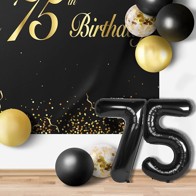 Happy 75th Birthday Balloons Black Set Decor - Cheers to 75 Years Old Party Theme Garland Banner Backdrop Decorations For Women and Men Supplies