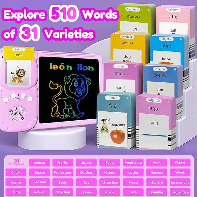 Drawing Tablet with Bilingual Flashcards for Kids - Spanish English Talking Flash Cards, LCD Writing Pad Board, Pocket Speech for Toddlers, Learning Toy Gift for Boys Girls (Spanish, Pink)
