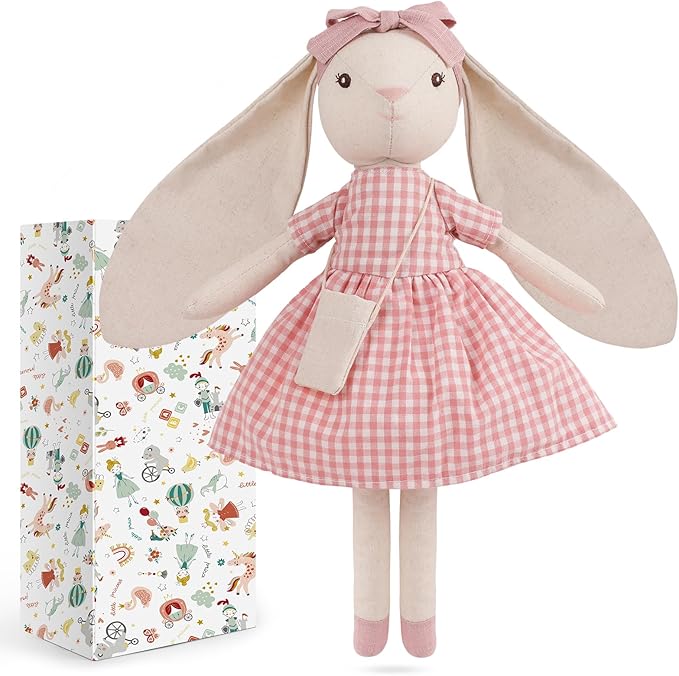 15" Bunny Stuffed Animal for Girls, Plush Toy Doll -Wearing Pink Plaid Dress,Cute Doll Set Dress Up for 3 4 5 Year Old Girl - Gift for Little Girl, Birthday, Easter,Christmas…