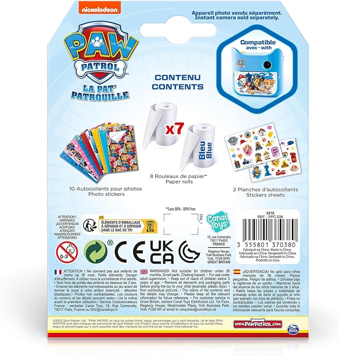 Canal Toys Refill for My First PAW Patrol Instant Camera - 8 Rolls of Paper, 2 Sheets of Stickers and 10 Self-Adhesive Frames - PPC 038, Multi-Coloured