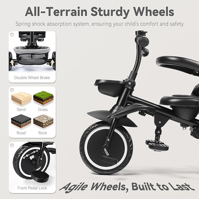 8 in 1 Kids Tricycle, Folding Toddler Tricycle w/Reversible Seat, Adjustable Push Rod & Canopy, Baby Trike Toddler Bike w/Bell, 5-Point Harness, Extra Storage, Cup Holder, Gray