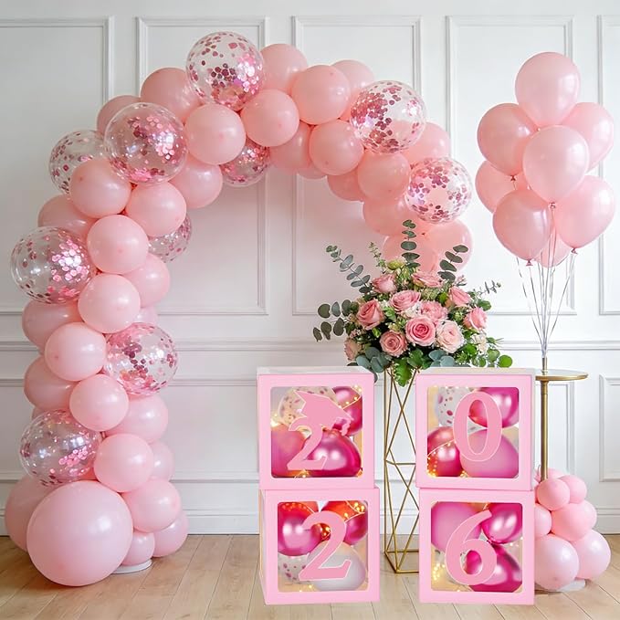 Pink Graduation Decorations Class of 2026 - Set of 4 Balloons Boxes with Letters 2026 GRAD So Proud of You, Congrats Grad Party Decorations for Any Grades