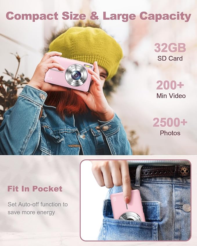 Camkory Digital Camera, FHD 1080P Camera, Compact Point and Shoot Digital Camera with 32GB Card, 16X Zoom Anti Shake Small Digital Camera for Kids Girls Boys Students, Pink