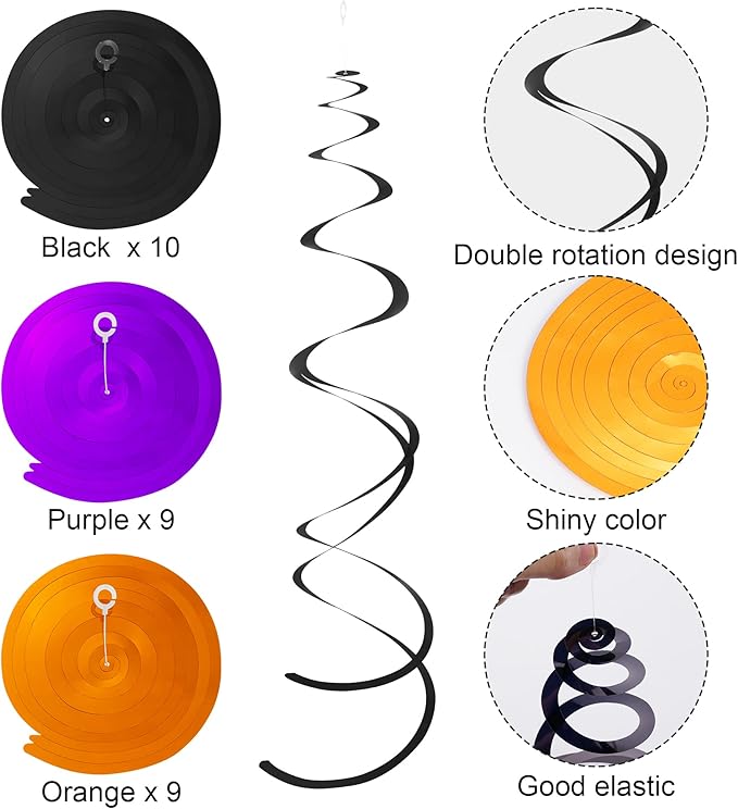 Colorful Ceiling Swirl Foil Decorations Hanging Plastic Streamer Themed Swirl Party for Halloween Graduation Celebration, Pack of 28 (Orange, Black and Purple)