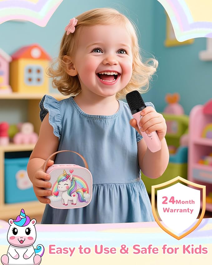 Mini Karaoke Machine for Kids,Portable Bluetooth Speaker with 2 Microphones,Rechargeable Battery,FM Radio,USB Playback,LED Lights for Boys & Girls Children's Gifts-Pink Pony