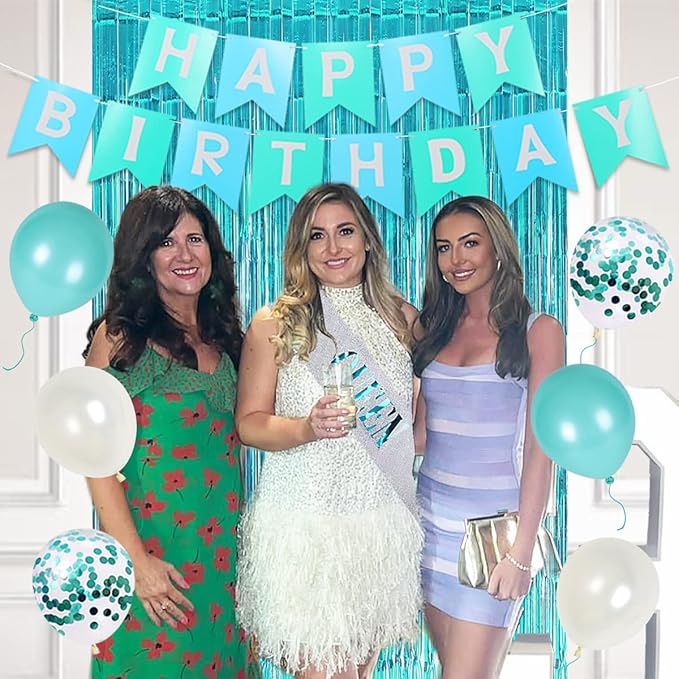 30th Birthday Decorations for Women Girls Teal - Queen Sash Happy Birthday Banner Cake Topper Number 30 Foil Balloon Foil Curtain for Turquoise Thirtieth Birthday Decorations Party Supplies for Her