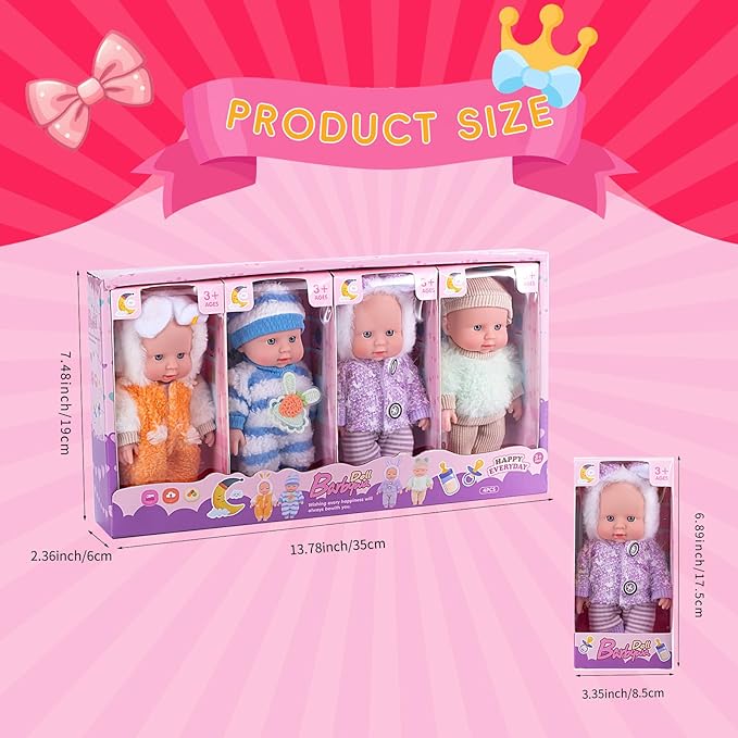 4 Pcs 7 Inch Baby Doll Playset with 4 Adorable Clothes, Mini Reborn Baby Dolls Nursery Toys for Toddlers Girls Kids 3+