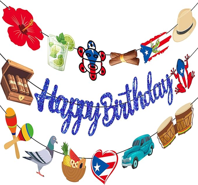 Puerto Rico Party Supplies Puerto Rican Birthday Banners Glitter Blue Puerto Rican Themed Decorations 3PCS Puerto Rican Flag Banners for Patriotic Anniversary Veterans Day Decor