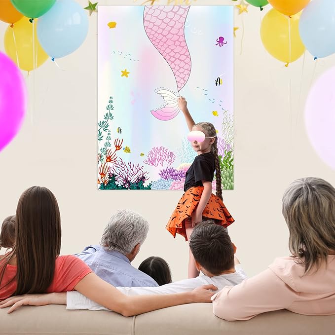 ASTARON Pin The Tail on The Mermaid Game for Birthday Party, Mermaid Party Game with 24 pcs Tail Stickers Birthday Party Supplies for Wall Home Room Decorations