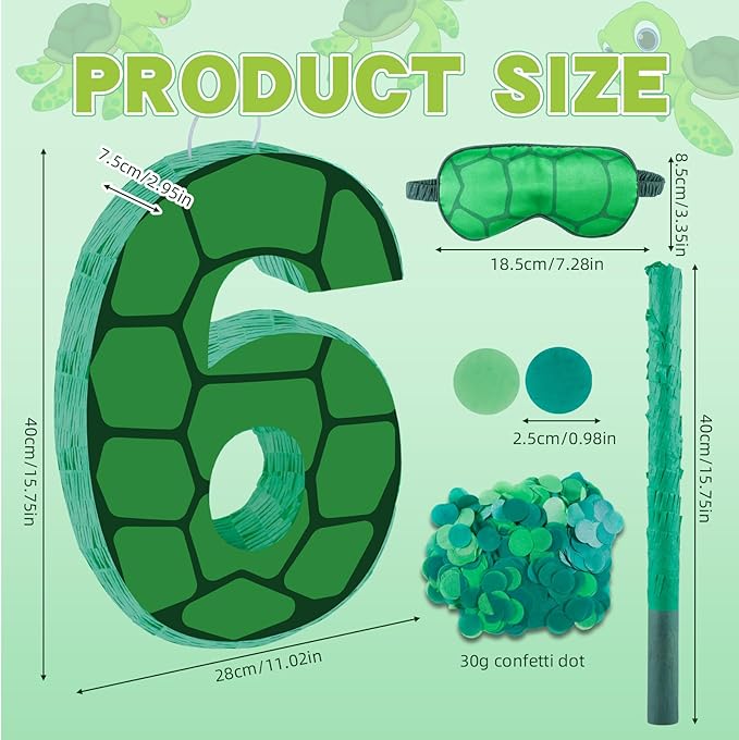 16 Inch Turtle Number 6 Pinata, Turtle Birthday Decorations, Turtle Theme Pinata with 16 Inch Stick Blindfold Confetti for Boy Girl Kids 6th Birthday Party Supplies(6th)
