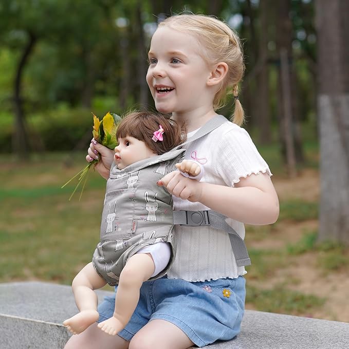 GAGAKU Baby Doll Carrier for Little Girls, Reborn Doll Accessories for Toddlers 1-3, Kids Toy Baby Dolls Sling Carrier - Gray - Rabbit