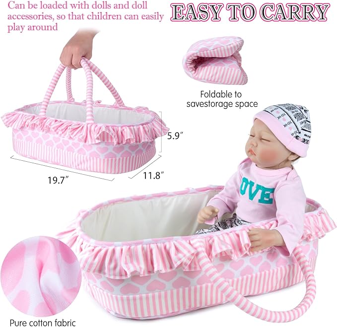 PEDOLLTREE 12 Pcs Reborn Baby Dolls Clothes Girl Outfit Accessories for 17-22 Inch Reborn Doll Newborn Girl with Pink Love Heart Bassinet