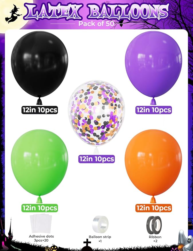 Halloween Balloons, 50 Pcs 12 Inch Black Orange Green Purple Confetti Latex Balloons, for Kids Birthday, Haunted House, Spooky Theme, Halloween Party Decorations