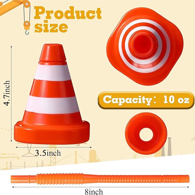 Sawysine 8 Pack Construction Cone Cups with Straws Bulk, Traffic Cones Party Favor 10 oz Plastic Reusable Kids Race Cups Set for Construction Traffic Theme Racing Car Birthday Party Supplies