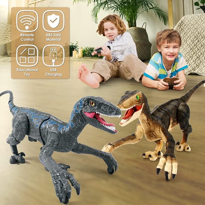 Mini Tudou Large Remote Control Dinosaur Toys 17.7",Electronic Walking Velociraptor with Lights and Sounds,2.4G Dinosaur Robot Toys Powered by Rechargeable Battery,RC Toy for Kids Boys Girls