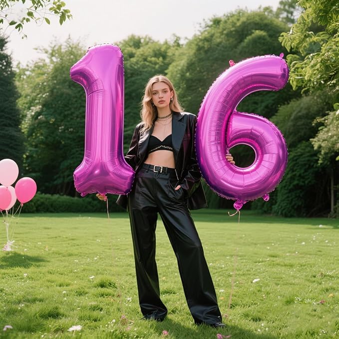40 Inch Large 16 Balloon Numbers Rose Purple Big Foil Number Balloons Giant Helium Happy Birthday Party Decorations for Man and Women, Huge Mylar Anniversary Party Supplies