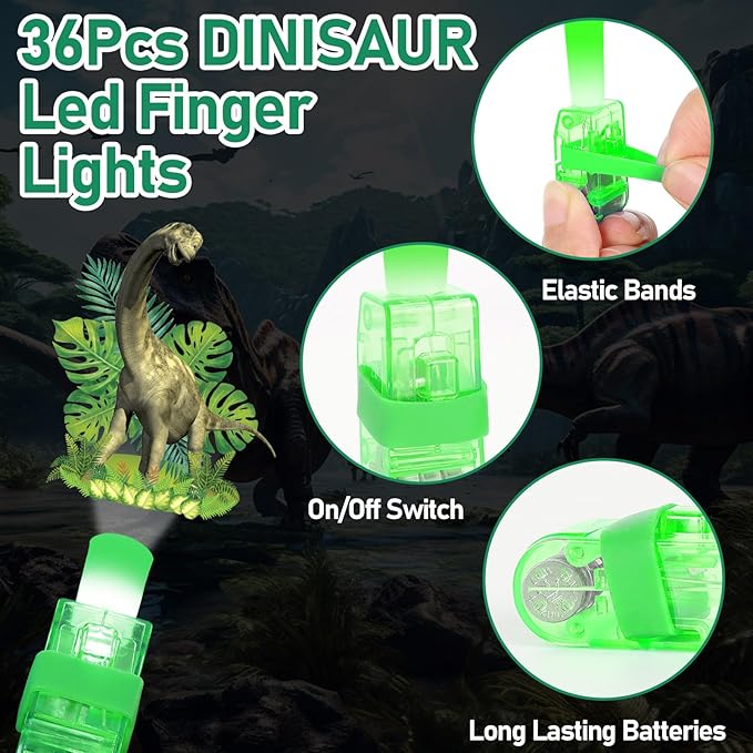 36Pcs Dinosaur LED Finger Lights Dino Glow in the Dark Light Up Finger Lights Dinosaur Party Favors Dino Theme Toys Bulk for Kids Birthday Classroom Prize Exchange Gift Supply