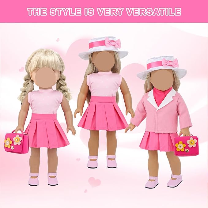 18 Inch Doll Clothes and Accessories, 8 Pcs Girl American Doll Clothing Includes Blazer Vest Pleated Skirt Hat Scarf Handbag Shoes Mobile Phone Travel Gear Play Set Birthday Gift for Age 3 4 5 6 Girls