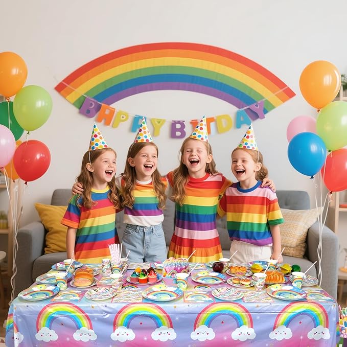 Rainbow Party Decoration - Rainbow Birthday Party Tableware Supplies Includes Plates, Cups, Napkins, Tablecloth, Straws (20)