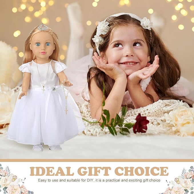 7 Pcs 18 Inches American Doll Clothes Outfit First Communion Dress with Matching Headband Veil Bracelet Shoes Socks Necklaces Fit 18 Inches Dolls, Doll Not Included(Crown)