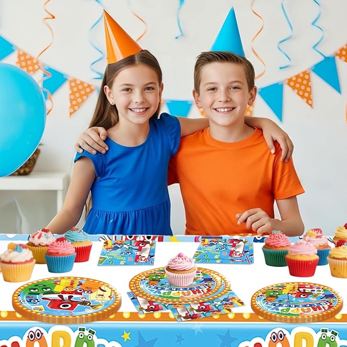 Number Blocks Party Supplies 41Pack include 20 plates, 20 napkins 1 tablecloth for birthday party Decoration (Block)