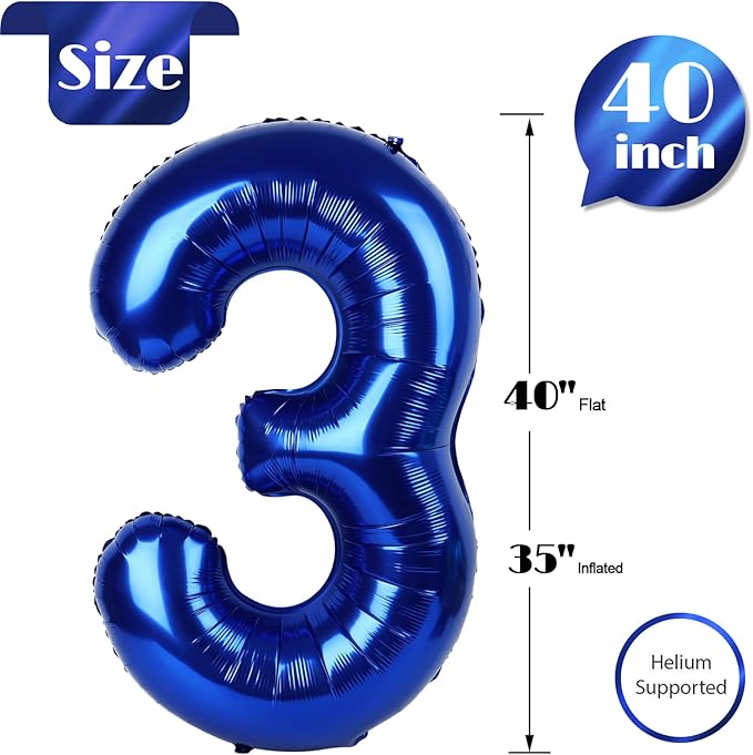 Night Blue Number 3 Balloon 40 Inch, 3rd Birthday Celebration Supplies for Girls Boys Women Men, 3 Balloon for Girls Boys Theme Party